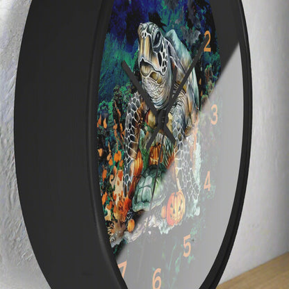 Wall clock with a turtle design on a black background
