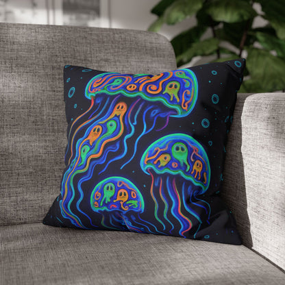 Colorful jellyfish design pillow on a gray couch
