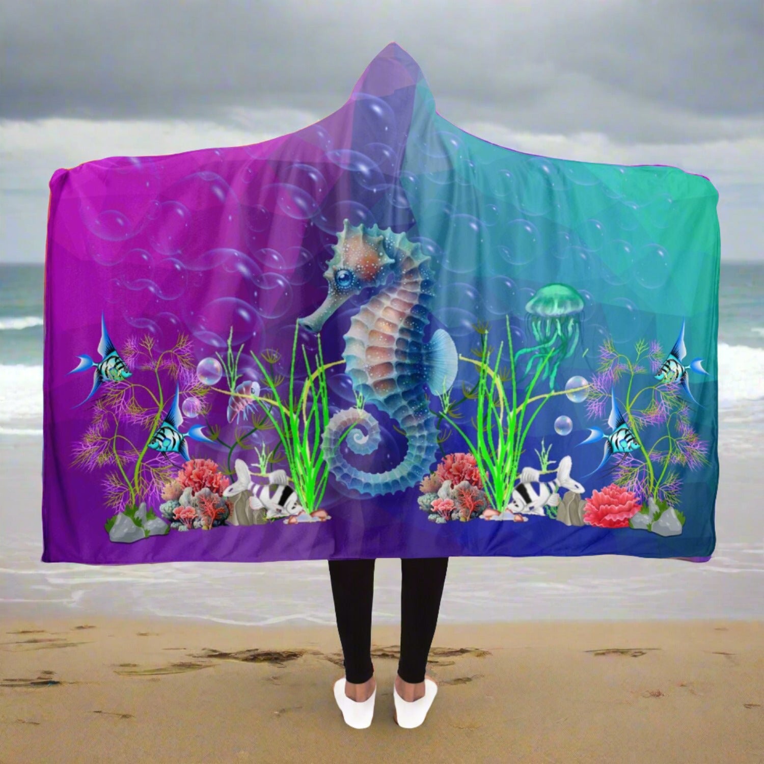 Hooded blanket Purple to aqua gradient with Sea horse and underwater plants