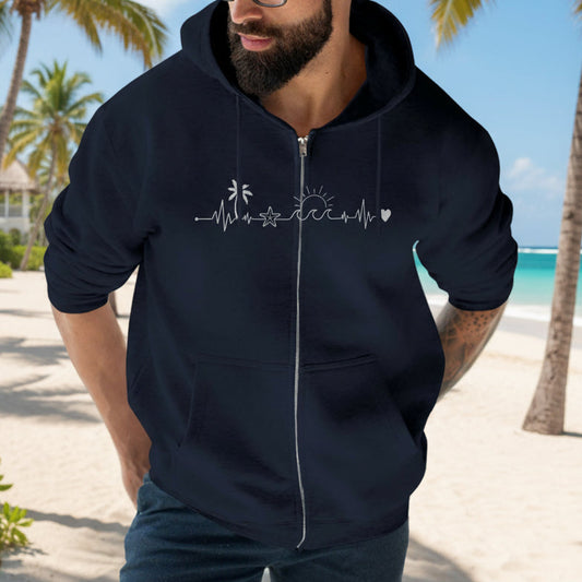 Man wearing a navy blue hoodie with a unique design on a light background