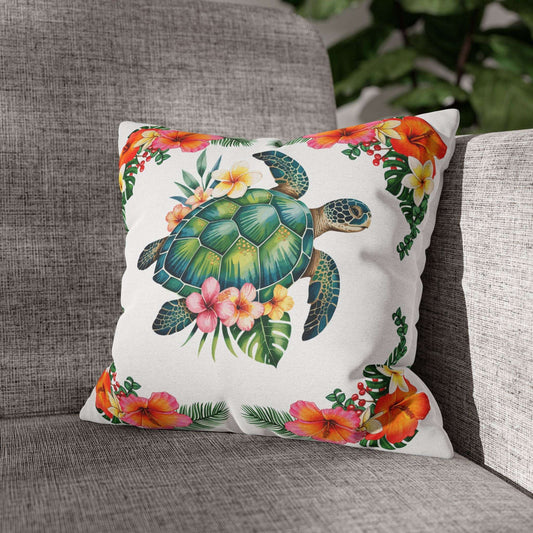 14" x 14" white pillowcase with hibiscus flowers and a sea turtle design.