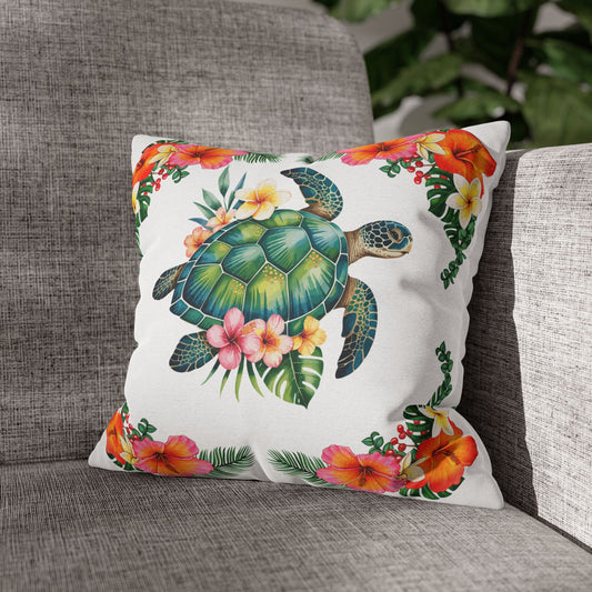 14" x 14" white pillowcase with hibiscus flowers and a sea turtle design.