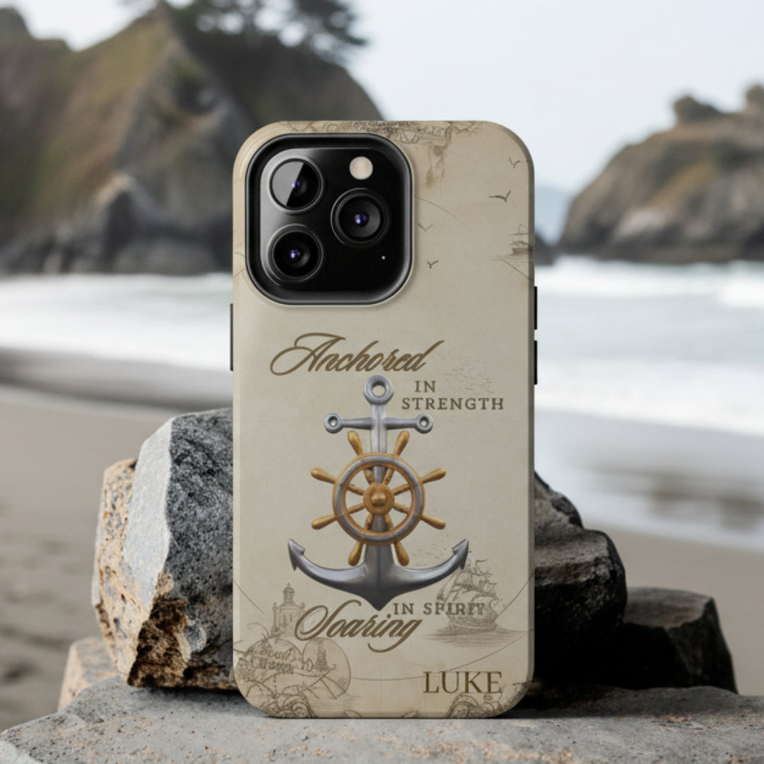 Phone case with anchor and ship wheel design that can be personalized.