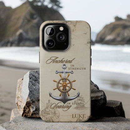 Phone case with anchor and ship wheel design that can be personalized.