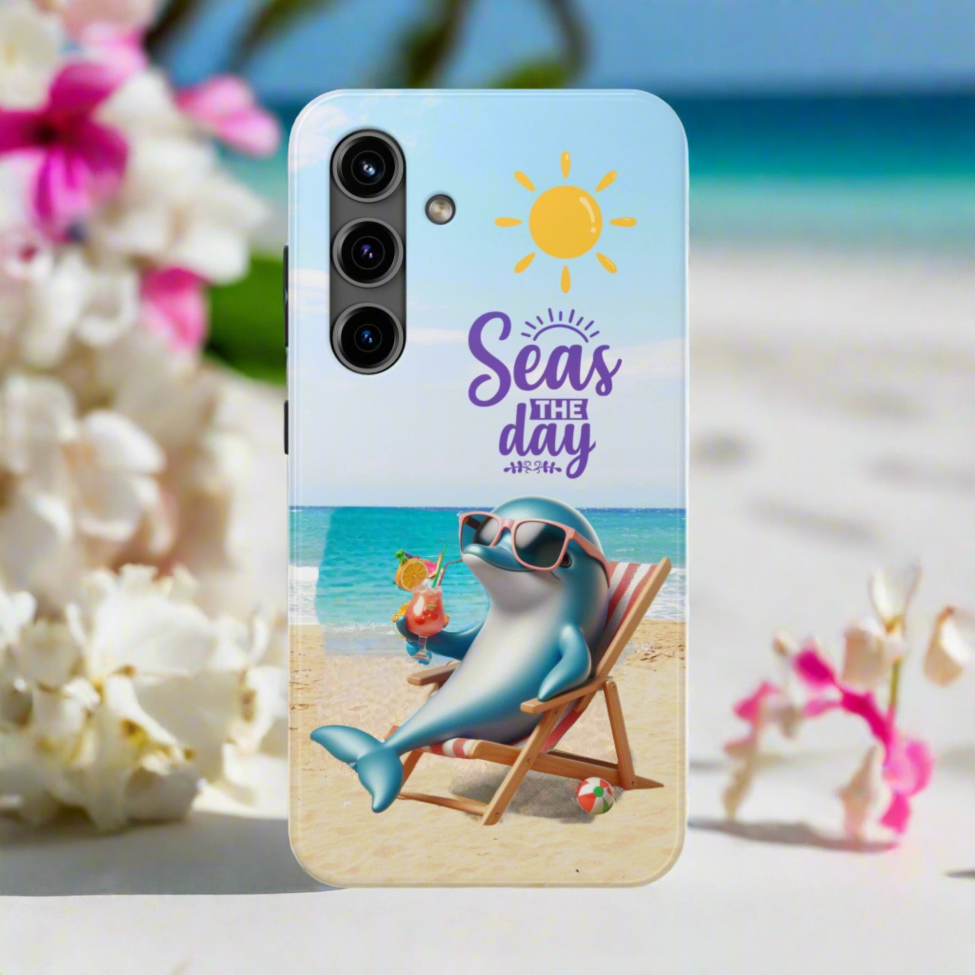 Samsung Phone Case Dolphin sitting in beach lounge chair on beach with text Seas The Day