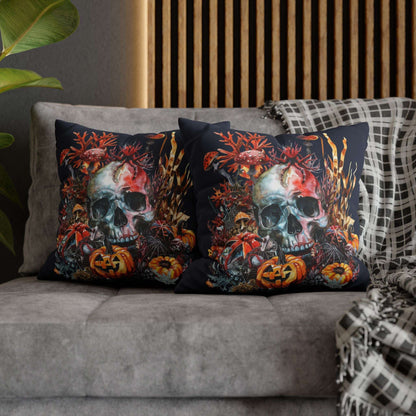 Decorative pillow cases with a double-sided  design of a skull and pumpkins design on a dark background.