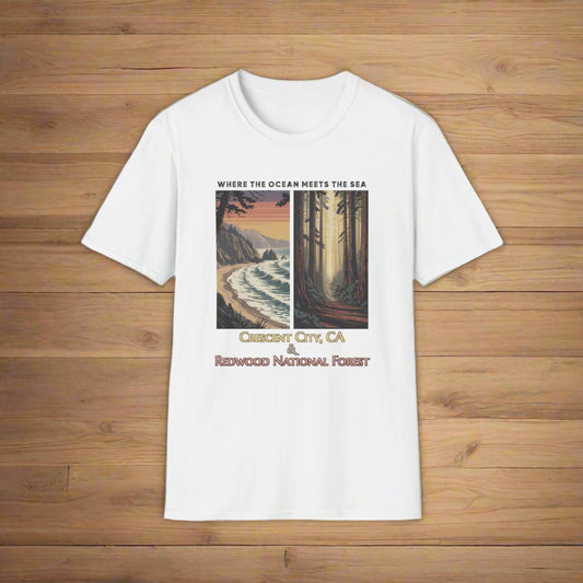 White Unisex softstyle souvenir t-shirt with Crescent City &amp; Redwood National Forest design in a California coastal theme.