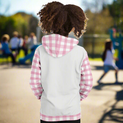 Back of Custom girl's hoodie with white front and back and pink and white gingham sleeves, kangaroo pouch and hoodie that says Living in a Beachy World in fancy font