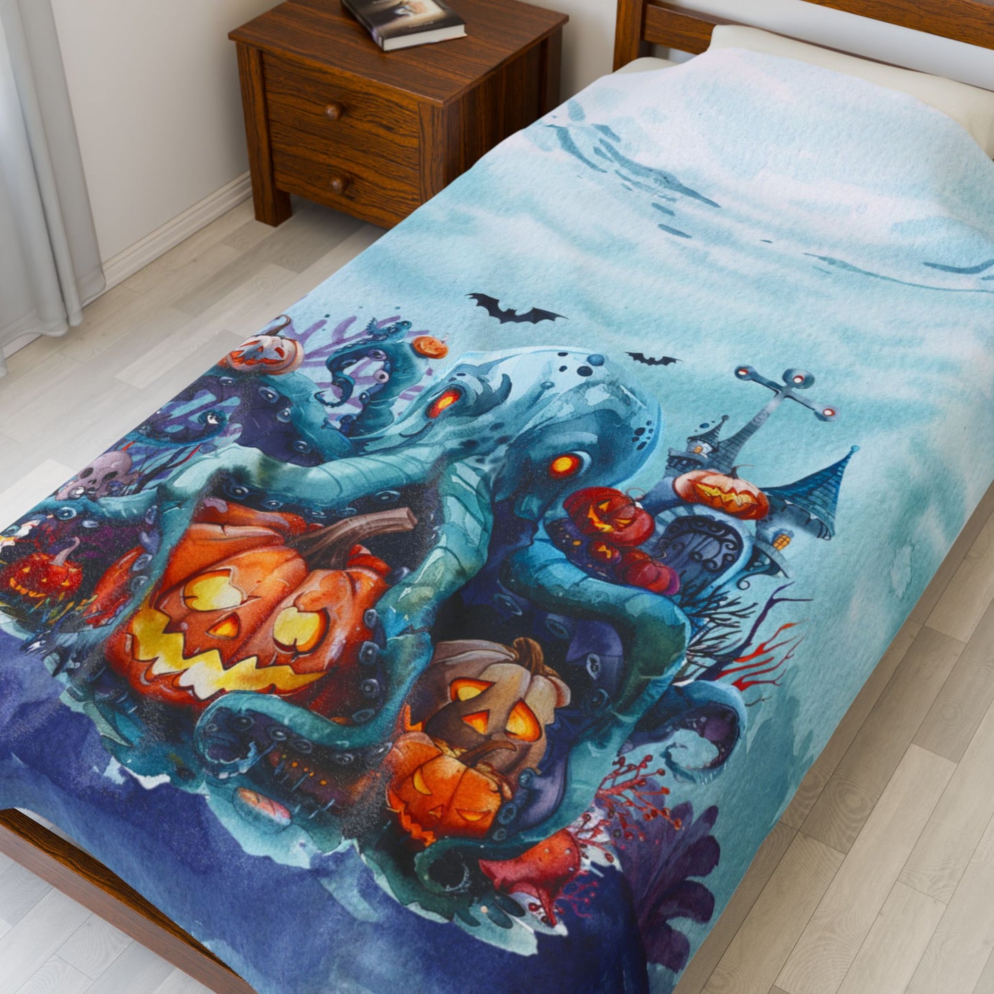 Light blue spooky plush 60" x 0" blanket featuring octopus and underwater Halloween scene.