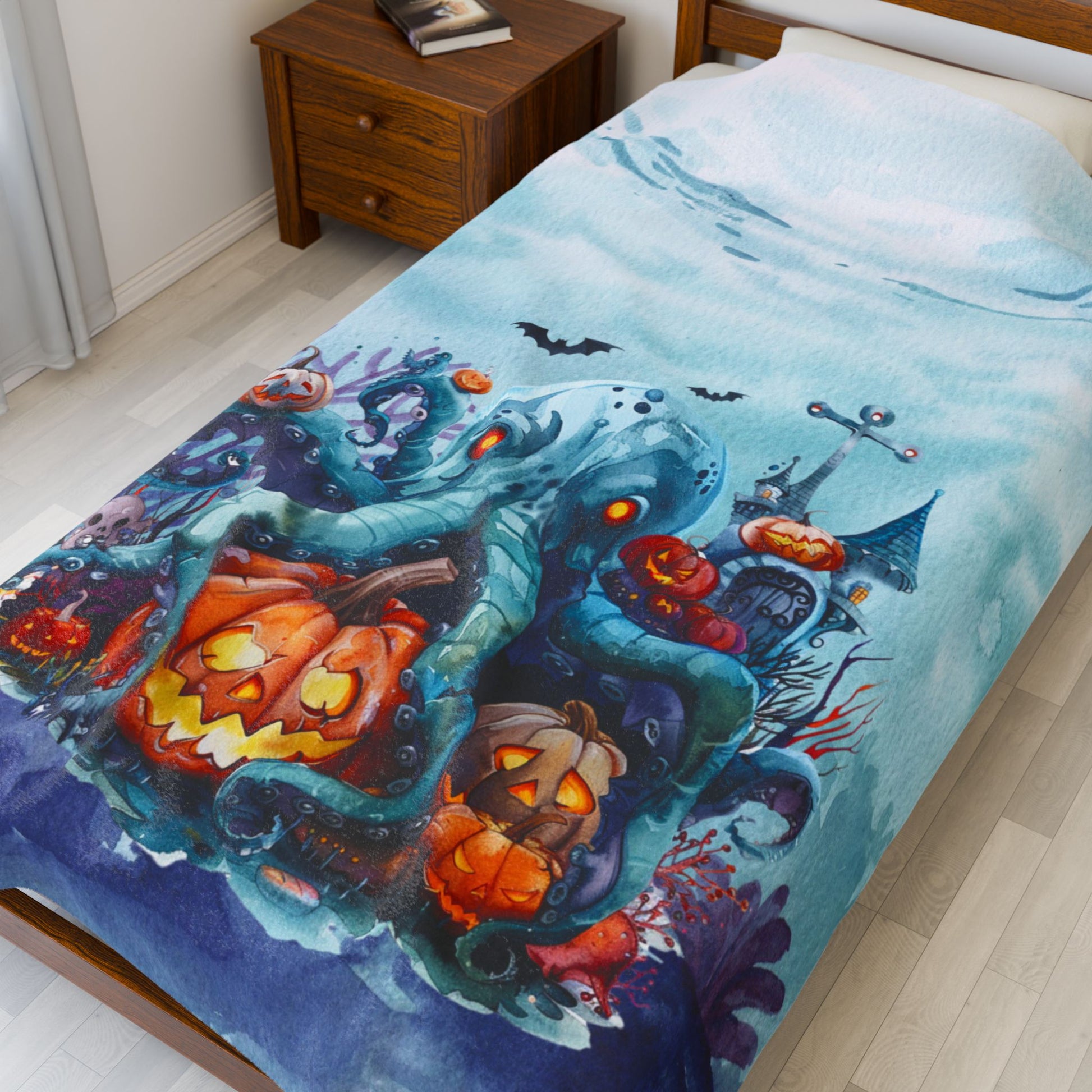 Light blue spooky plush 60" x 0" blanket featuring octopus and underwater Halloween scene.