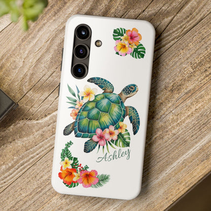 Samsung phone case with a white background and a sea turtle with hibiscus flowers, with more hibiscus flowers around the sides.