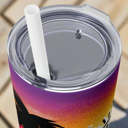 top of skinny tumbler showing clear top with white straw