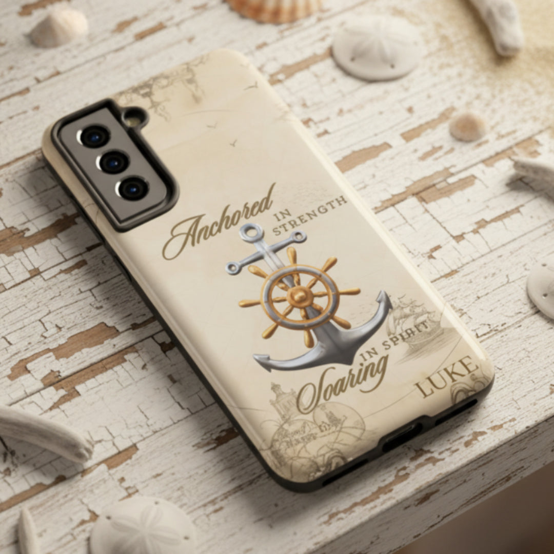 Phone case with anchor and ship wheel design that can be personalized.
