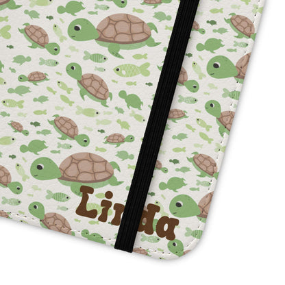 Flip phone case with turtle pattern and personalized name.
