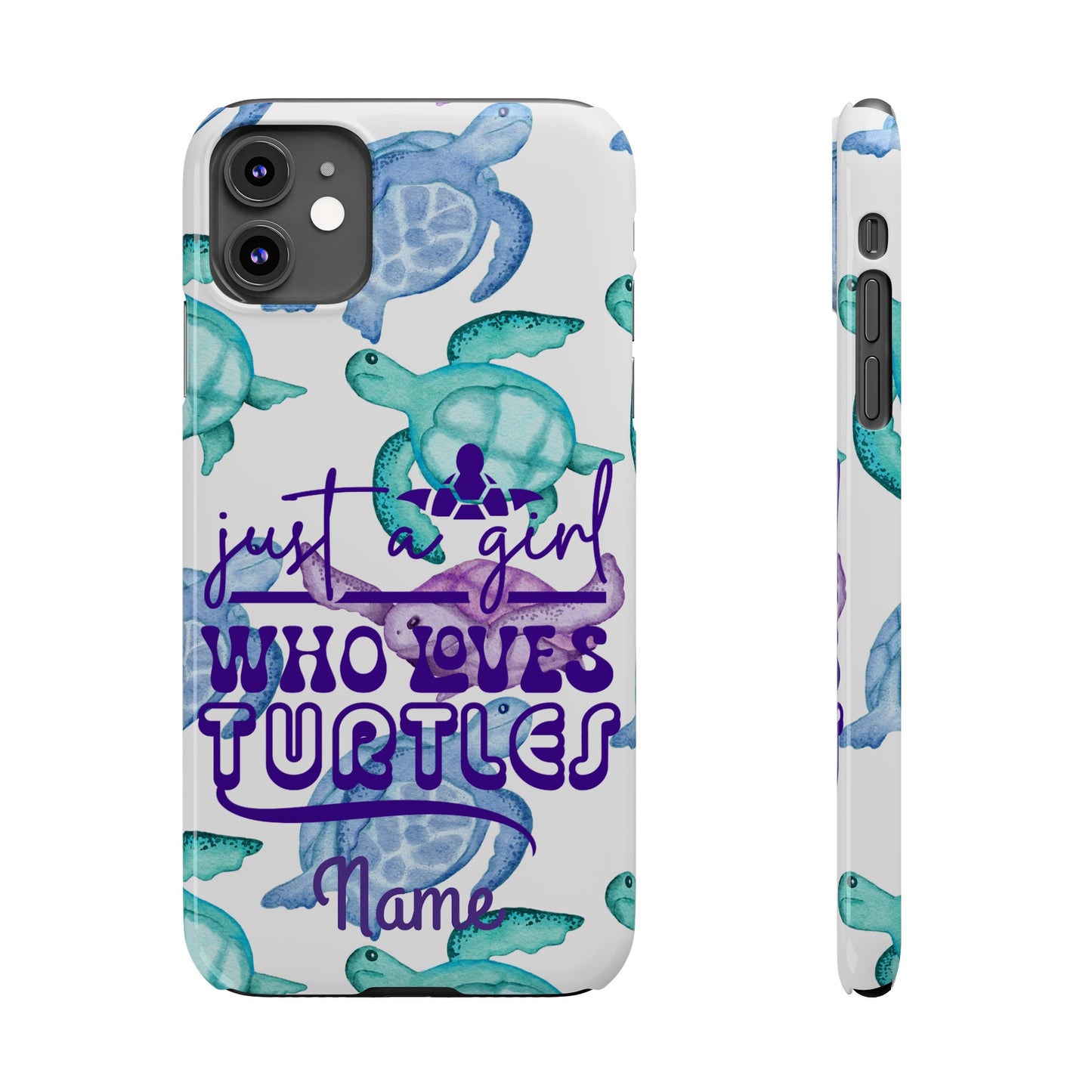 Iphone case with turquoise, blue and purple sea turtles that says  Just a Girl Who Loves Sea turtles