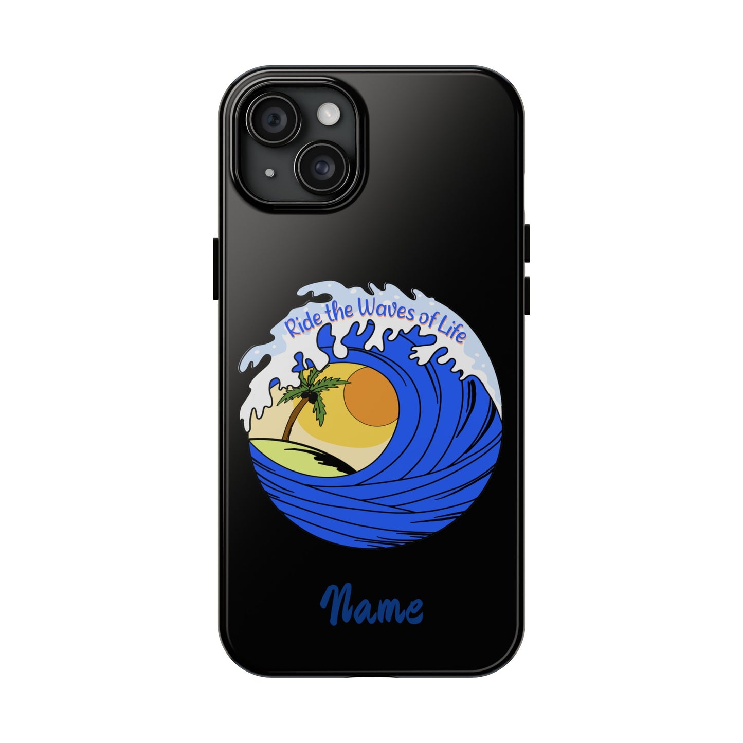 Phone case black with barrel wave with sunset in middle that says Ride the Waves of life