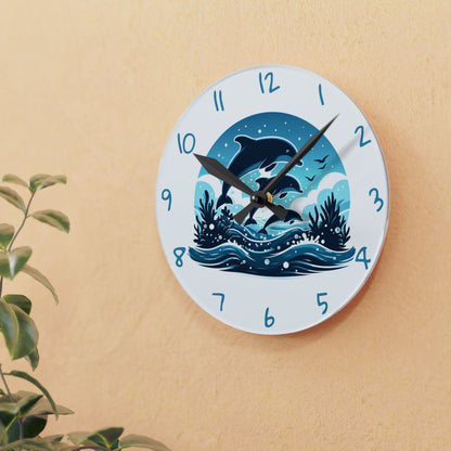 Wall clock with dolphin design on a beige wall