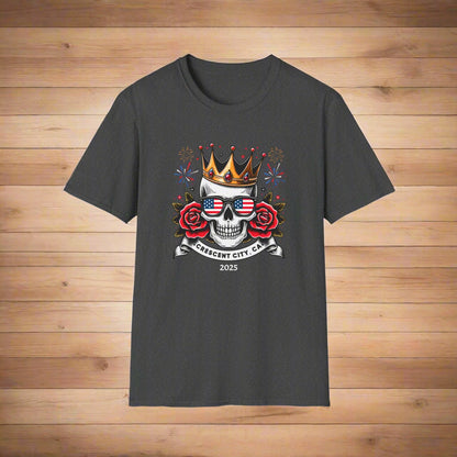Dark Heather T-shirt with a graphic of a skull, roses, crown, and Crescent City, CA text below.