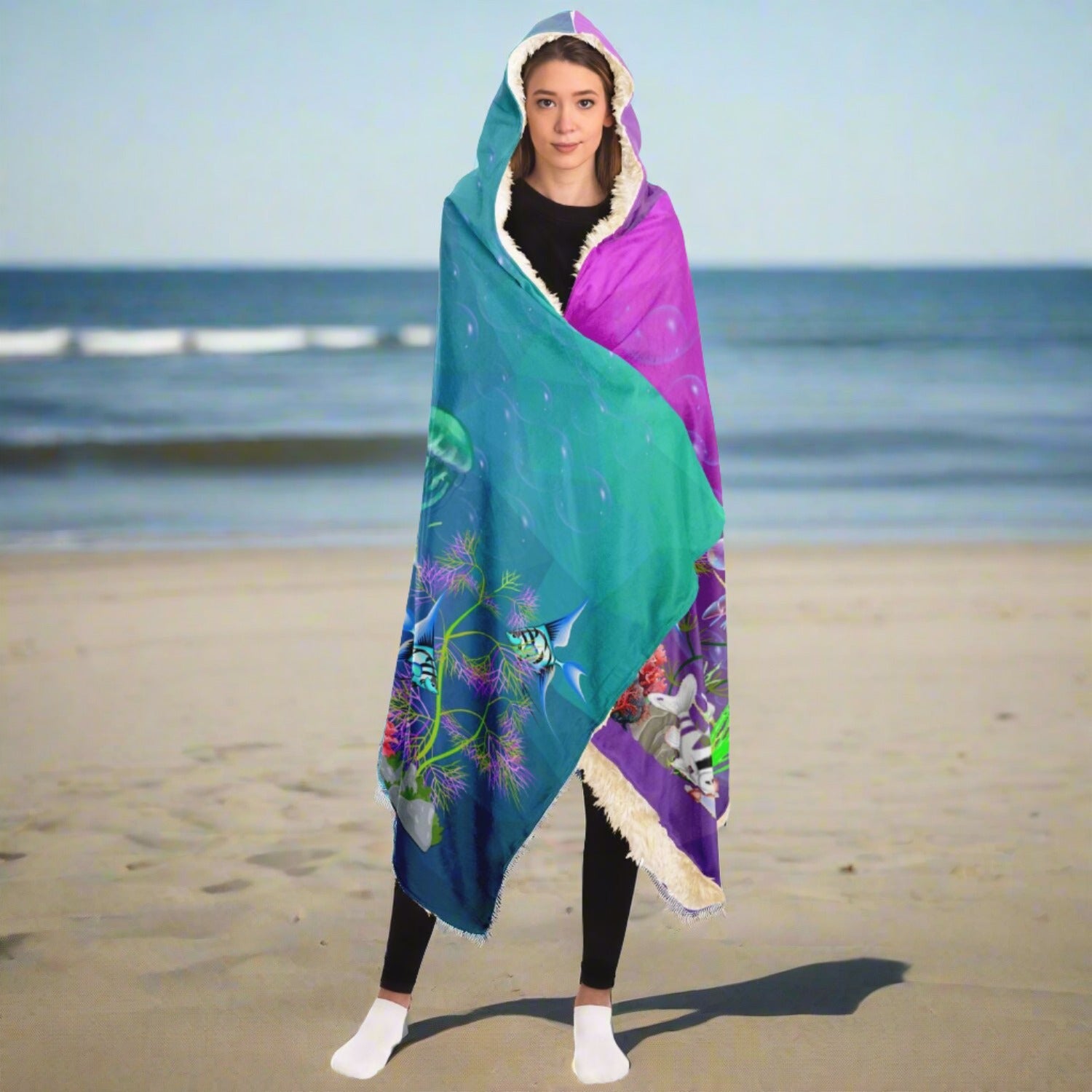 Hooded blanket Purple to aqua gradient with Sea horse and underwater plants