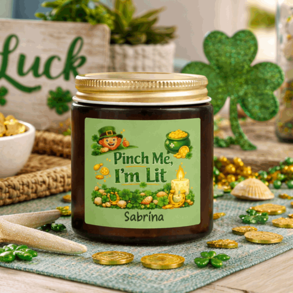 Amber candle jar with a lit candle, green label, and gold lid on with St. Patrick's Day Design and text Pinch Me, I'm Lit that can be personalized.