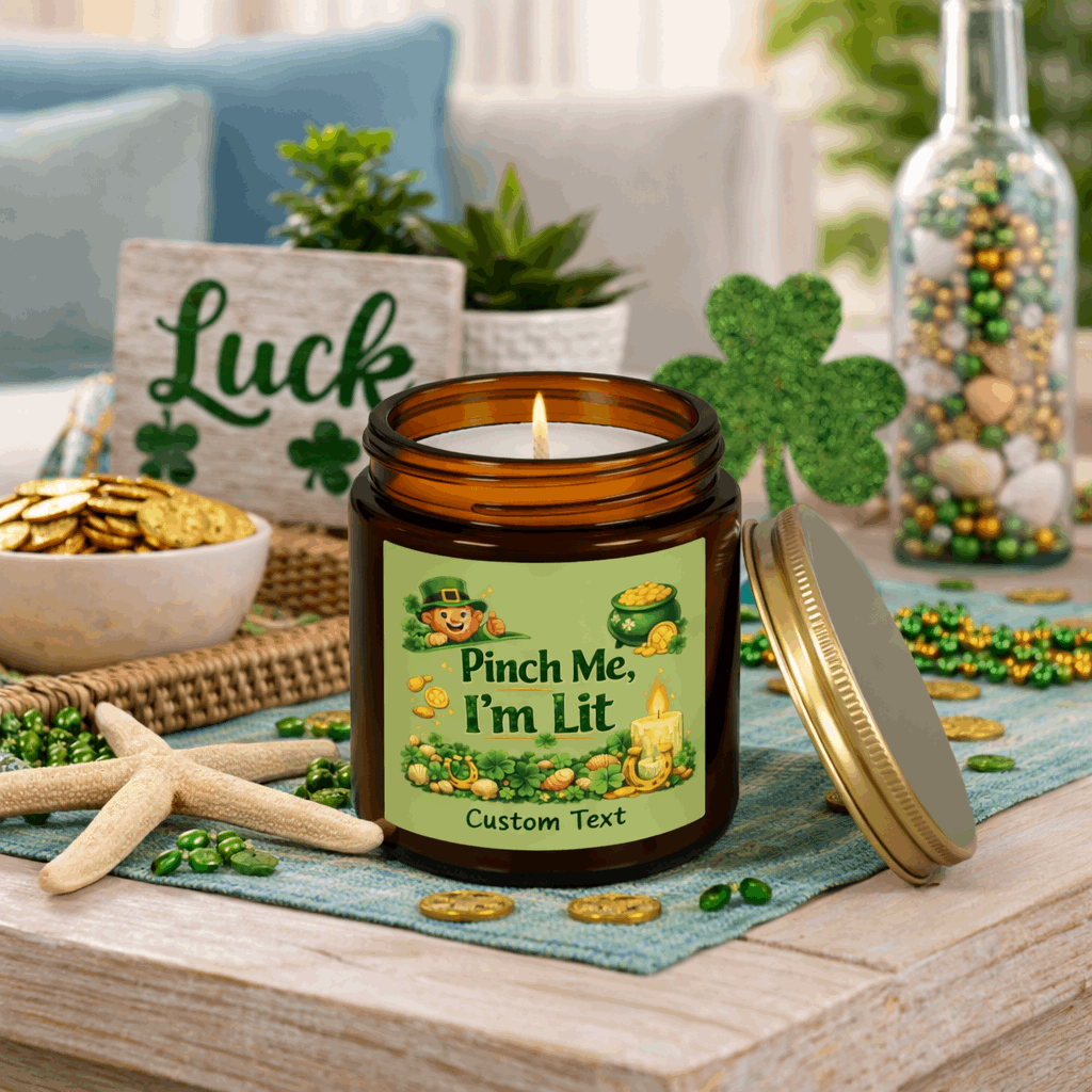 Amber candle jar with a lit candle, green label, and gold lid on with St. Patrick's Day Design and text Pinch Me, I'm Lit that can be personalized.