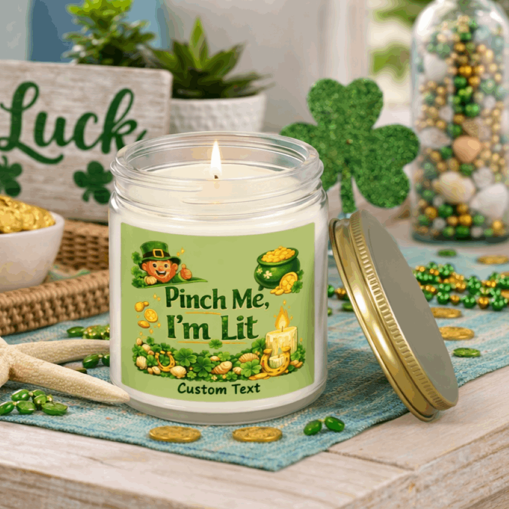 Clear candle jar with a lit candle, green label, and gold lid on with St. Patrick's Day Design and text Pinch Me, I'm Lit that can be personalized.