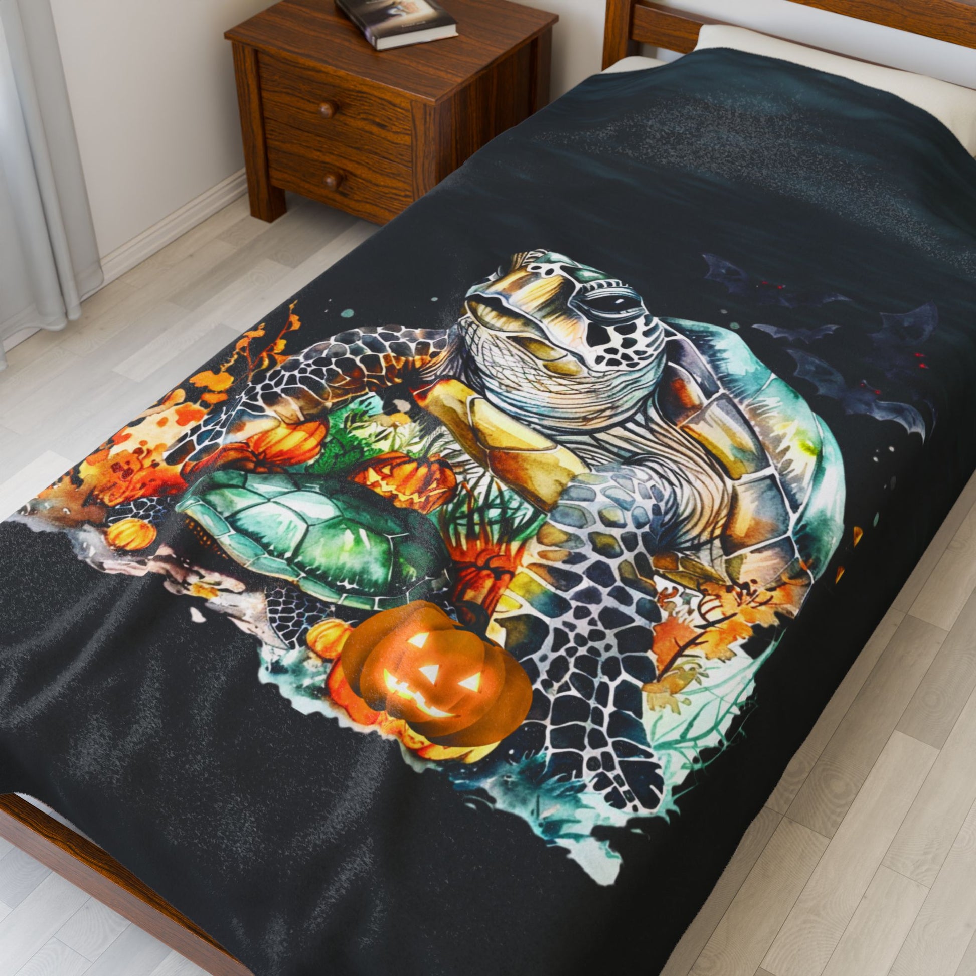 Sea Turtle Plush 60" x 80" Blanket with underwater plants and pumpkins on dark water background.