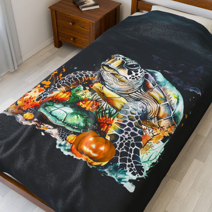 Sea Turtle Plush 60" x 80" Blanket with underwater plants and pumpkins on dark water background.
