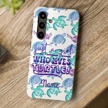 Phone case with sea turtle design and text on a wooden surface