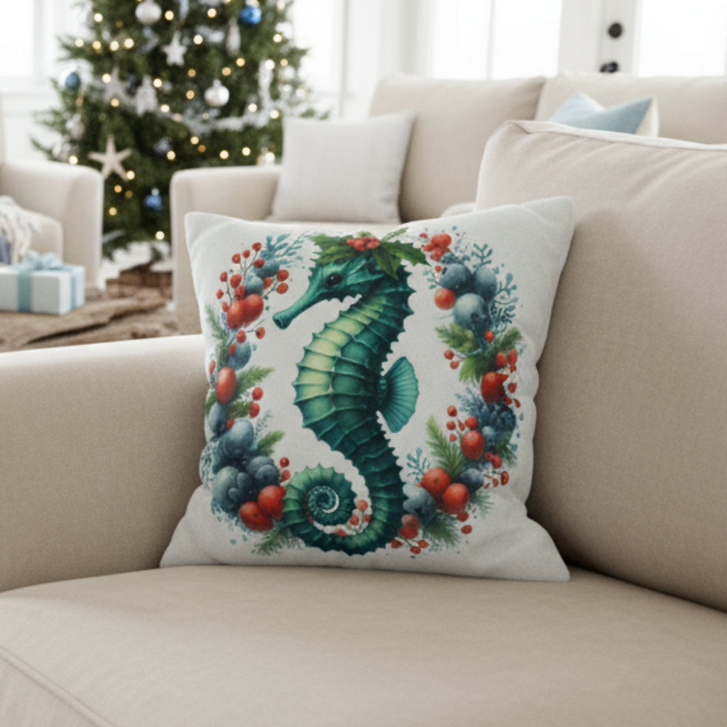 Decorative pillow with a seahorse design on a gray couch