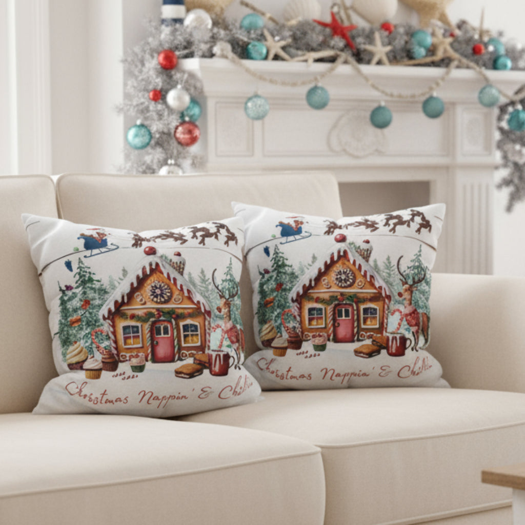 Decorative pillows with gingerbread house design on a  sofa.