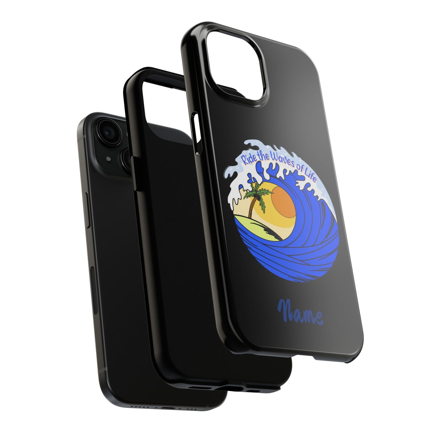 3 Layered view of Phone case black with barrel wave with sunset in middle that says Ride the Waves of life