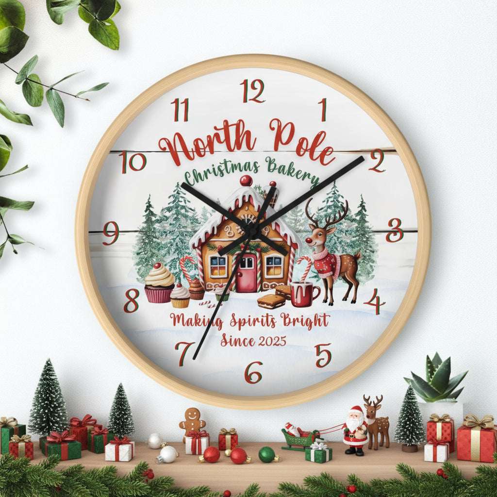 Decorative clock with Christmas-themed design on a white background