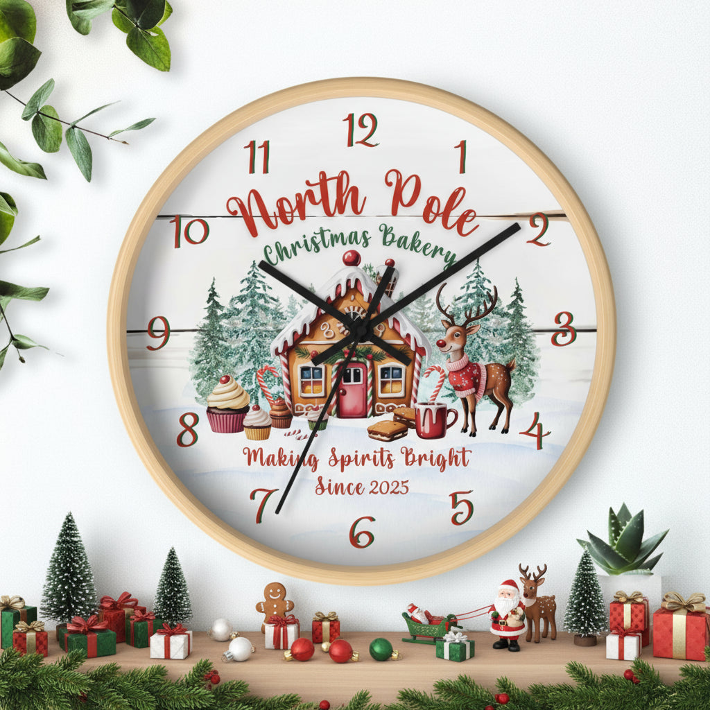 Decorative clock with Christmas-themed design on a white background