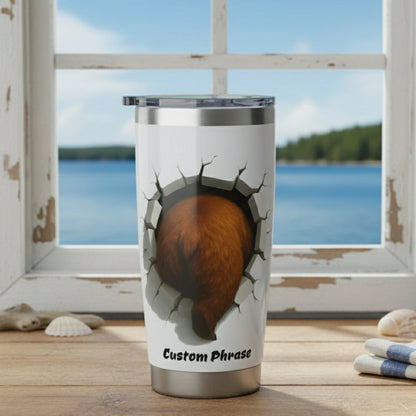 Tumbler with a design of a bear breaking into a wall with personalization.