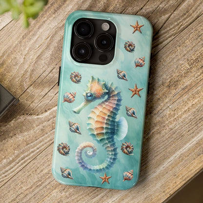 Phone case with seahorse design on a wooden surface