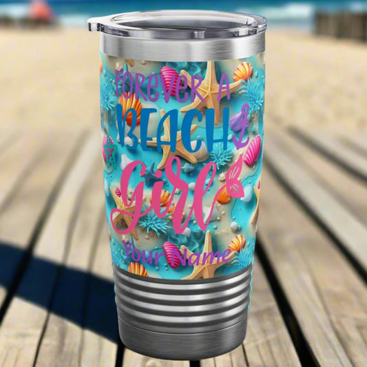 Aqua colored image with seashells that says forever a beach girl with stainless steel gray top and bottom