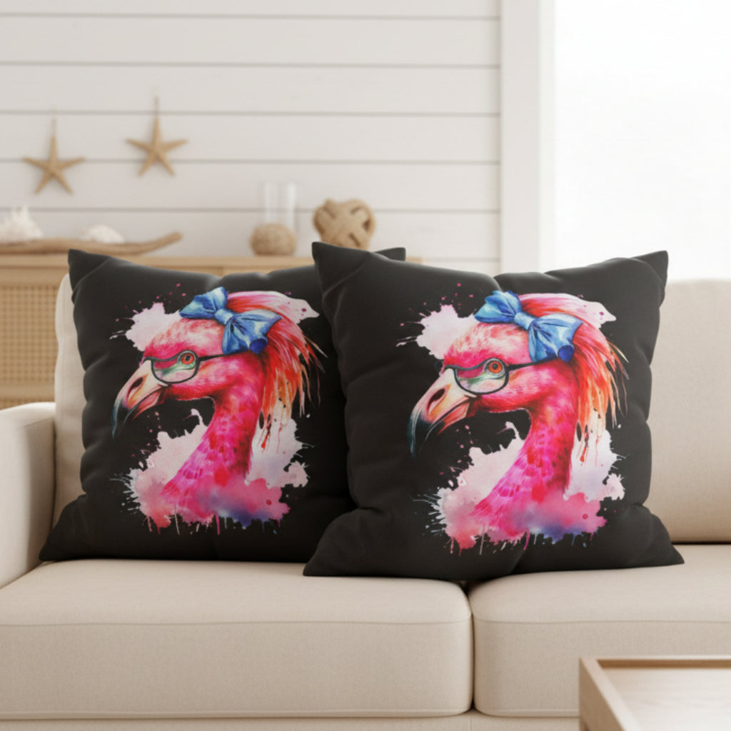 Two decorative pillows with flamingo designs on a couch in a living room setting.