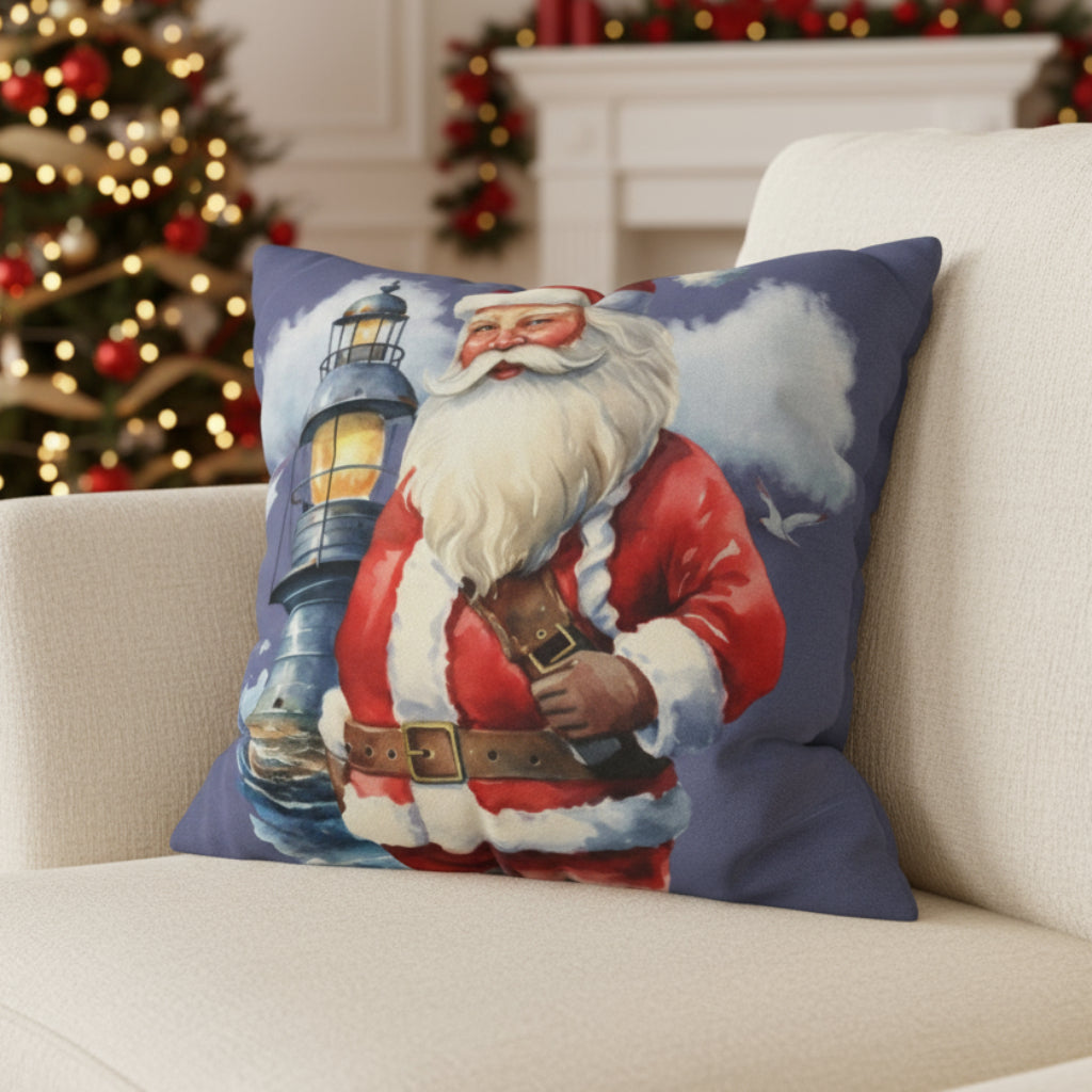 Decorative pillow with Santa Claus holding a lantern on a couch.