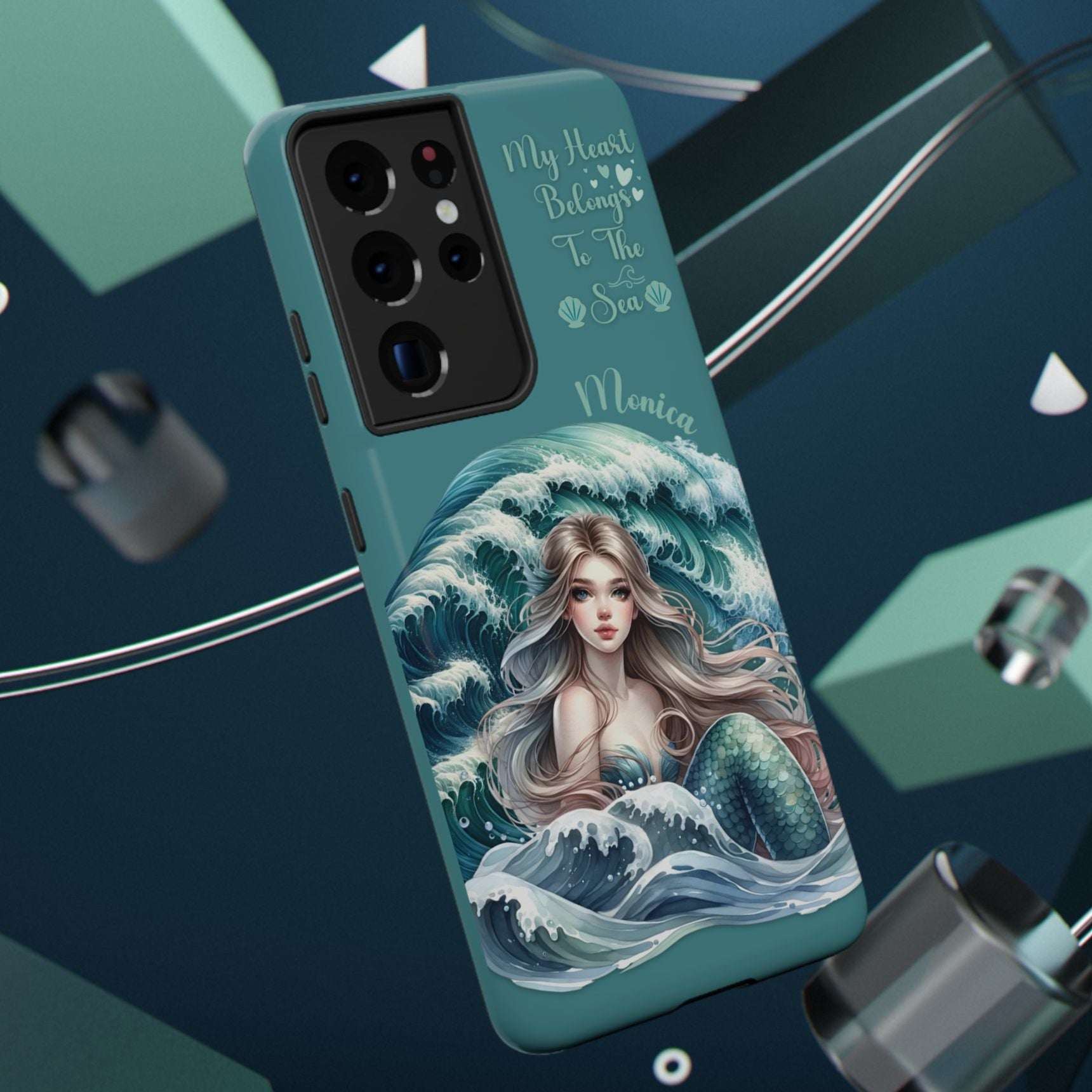 iPhone case with mermaid design and text on a blue gradient background