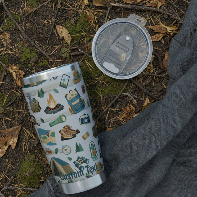 Silver tumbler with camping-themed design.