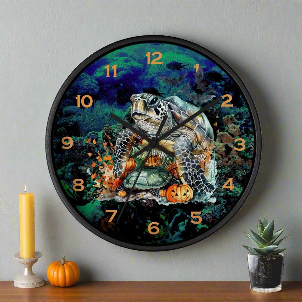 Decorative wall clock with a Halloween sea turtle design on a white background