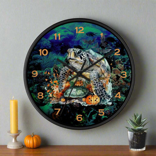 Decorative wall clock with a Halloween sea turtle design on a white background