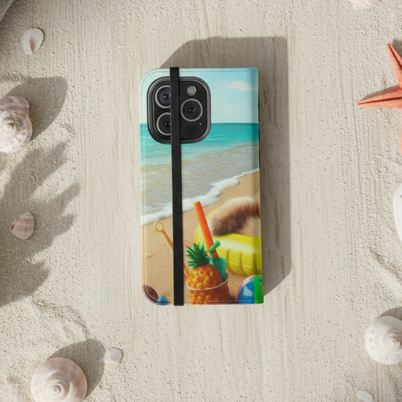 Back side of flip phone case with an illustration of a cat lying in an inner tube on the beach with the text “Pawsitive Vibes,” customizable with a name.