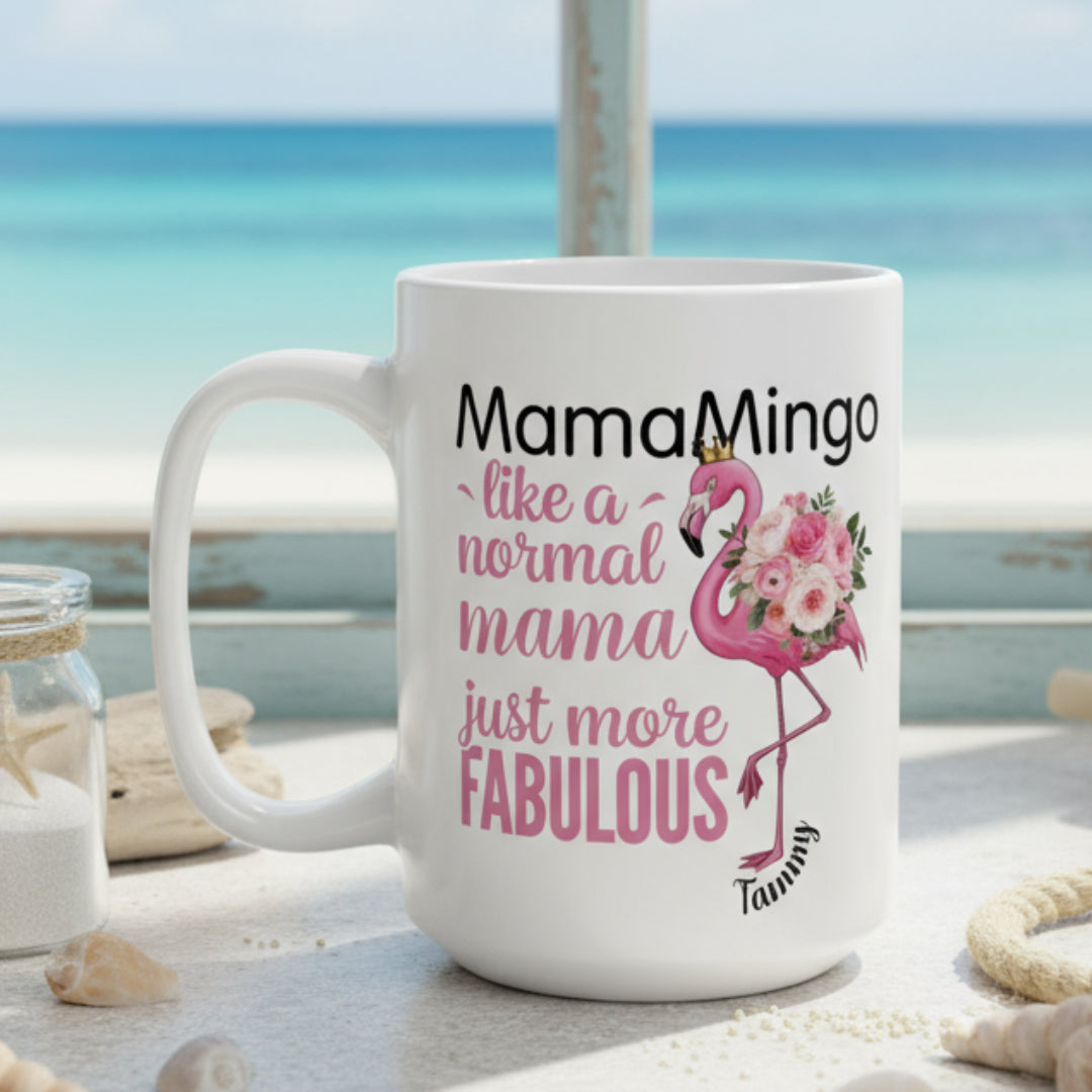White mug with pink flamingo design and text on a white background