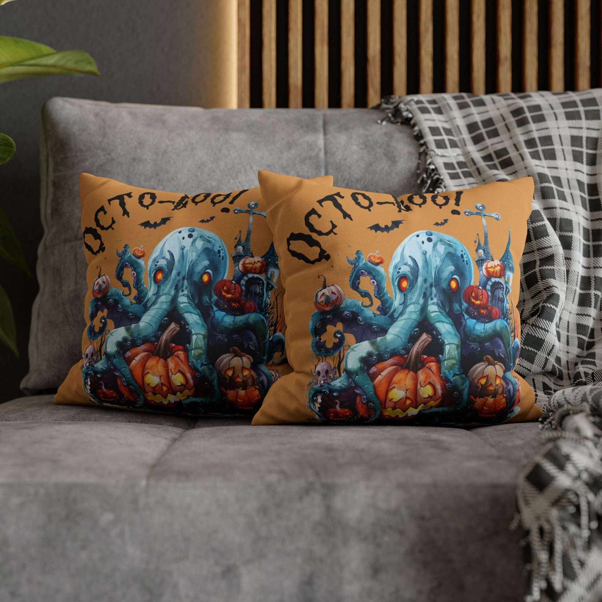 Halloween-themed double-sided decorative pillowcases with octopus and pumpkins that says Octo-Boo!