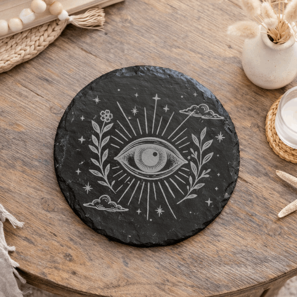 Decorative black slate coaster with celestial eye and floral design.