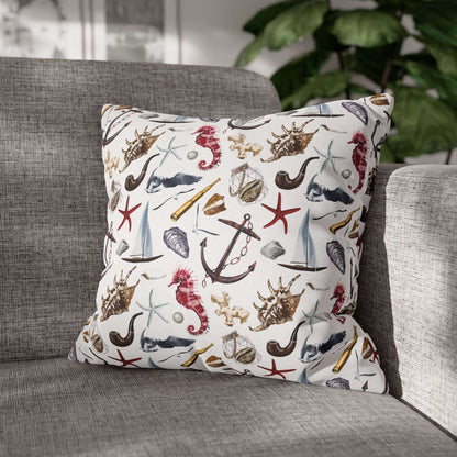 18" x 18" white pillowcase featuring detailed graphics of anchors, seashells, sailboats, and seahorses in a nautical-themed pattern.