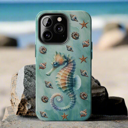 Phone case with seahorse design on a green background