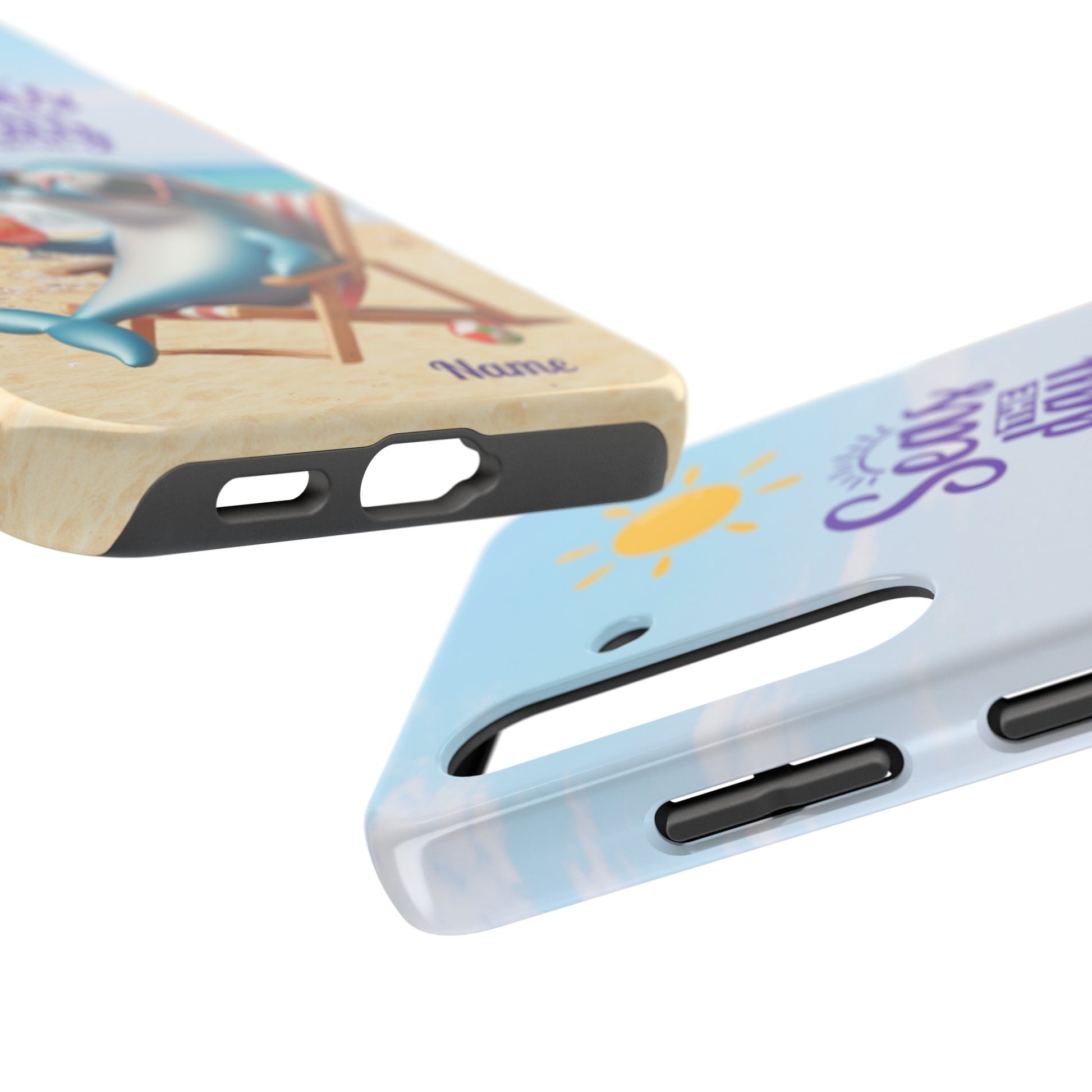 top and bottom of Phone Case Dolphin sitting in beach lounge chair on beach with text Seas The Day Personalized